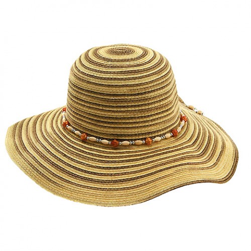 Wide Brim Mixed Stripes Toyo Straw w/ Beaded Band - Khaki - HT-8181KHA